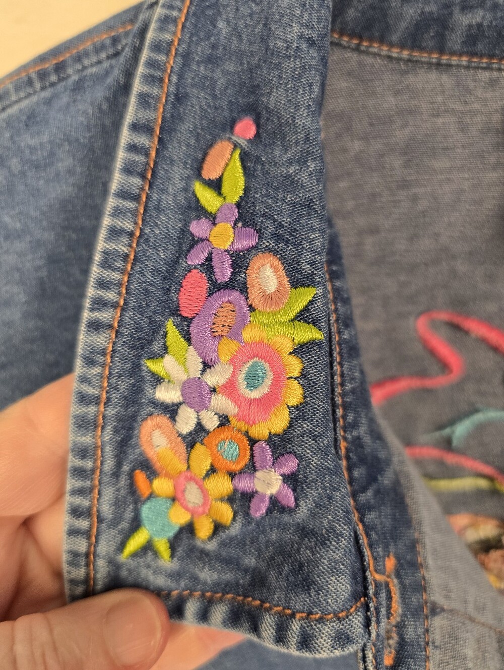 Vtg 90s BOB MACKIE pastel Embroidered L Sleeve Denim Artsy Shirt. Ladies 3X - Picture 4 of 12